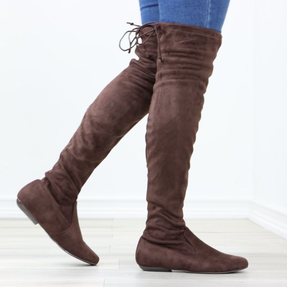 Brown Thigh High Over The Knee Flat Boots Faux Suede - Picture 13 of 13